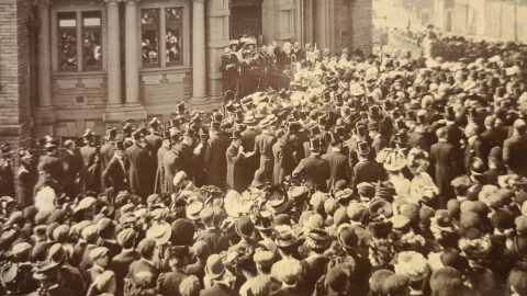 Crowd outside Library